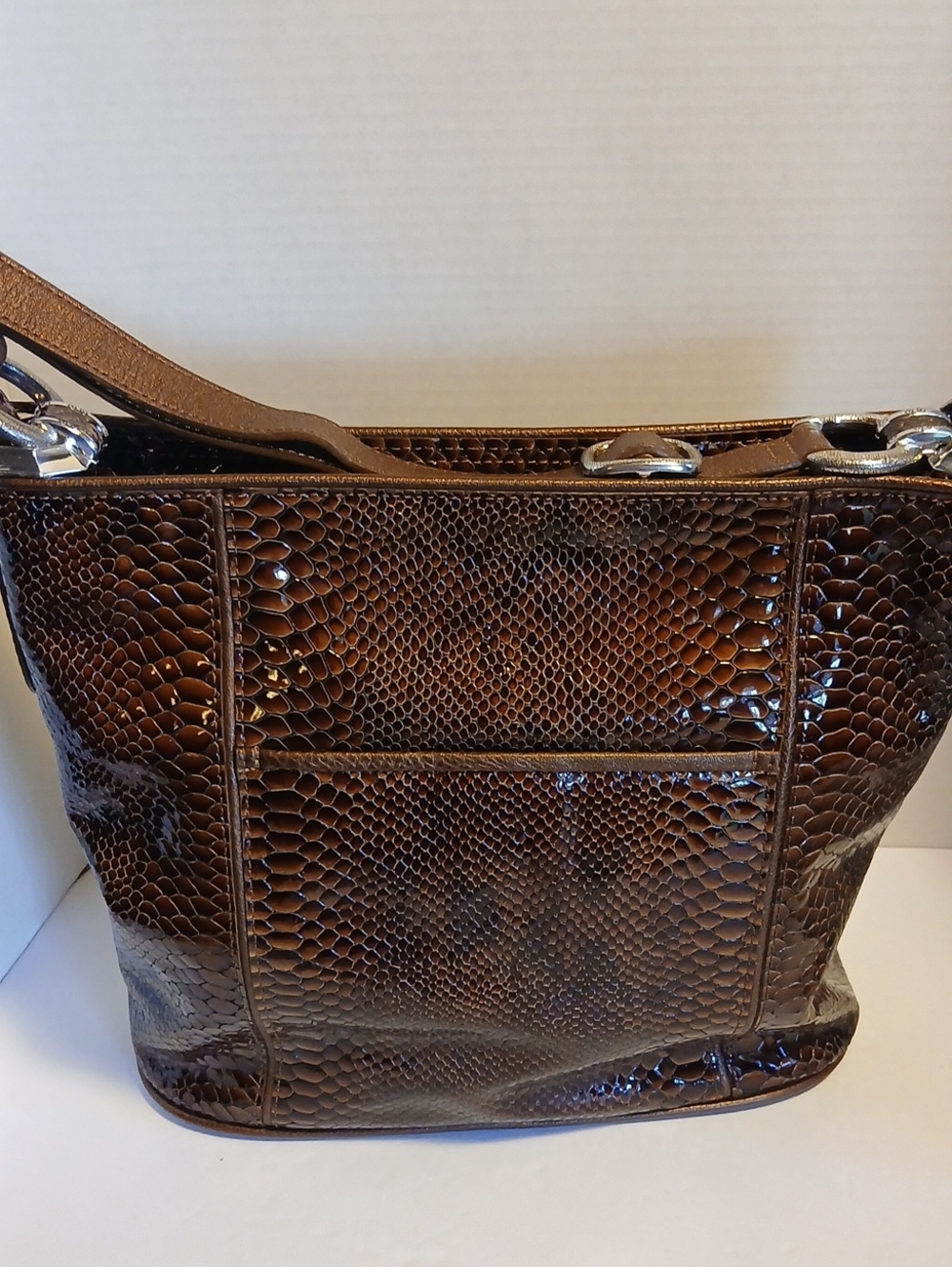 Brighton Shiny Croc-Embossed Brown Shoulder Tote